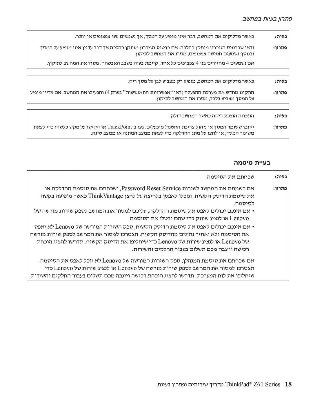 Lenovo Z61 manual המסיס תייעב, המסיסה תא םתחכש 