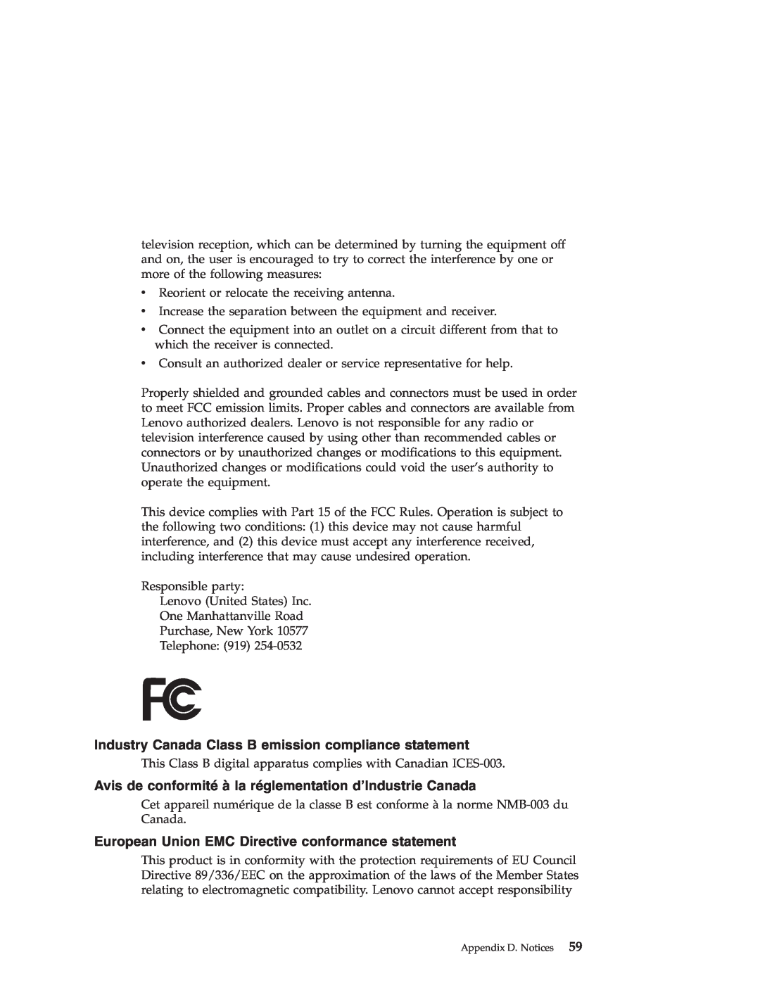 Lenovo Z61e Industry Canada Class B emission compliance statement, European Union EMC Directive conformance statement 