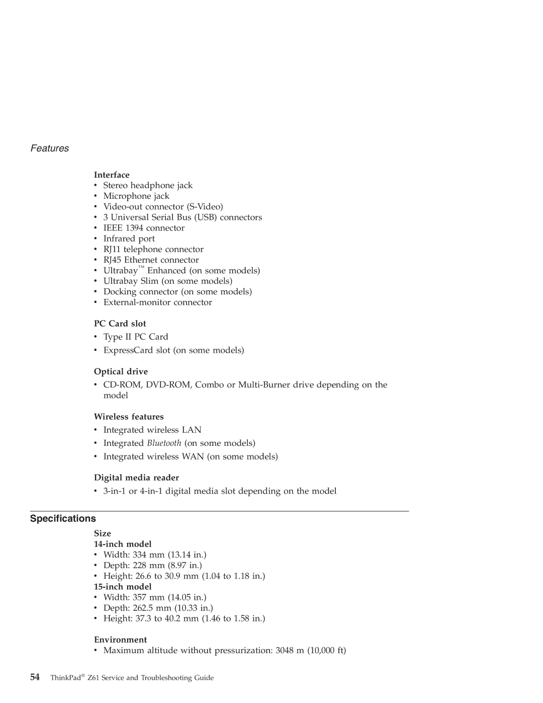 Lenovo Z61m, Z61t, Z61e warranty Specifications 