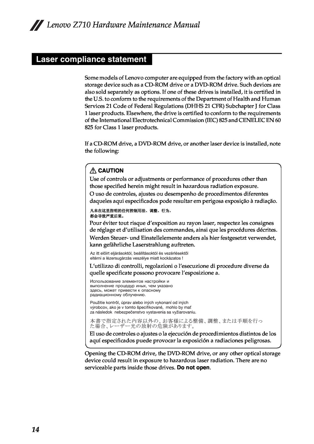 Lenovo manual Laser compliance statement, Lenovo Z710 Hardware Maintenance Manual 