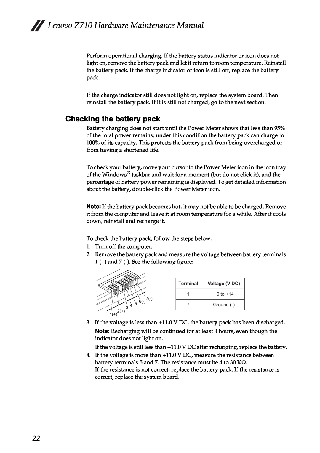 Lenovo manual Checking the battery pack, Lenovo Z710 Hardware Maintenance Manual 