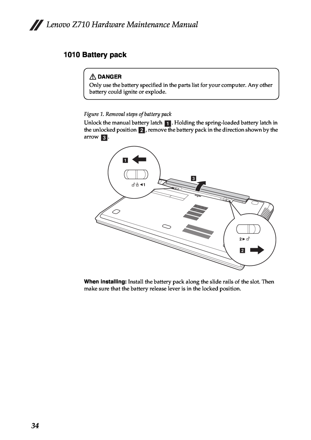 Lenovo manual Battery pack, Removal steps of battery pack, Lenovo Z710 Hardware Maintenance Manual 