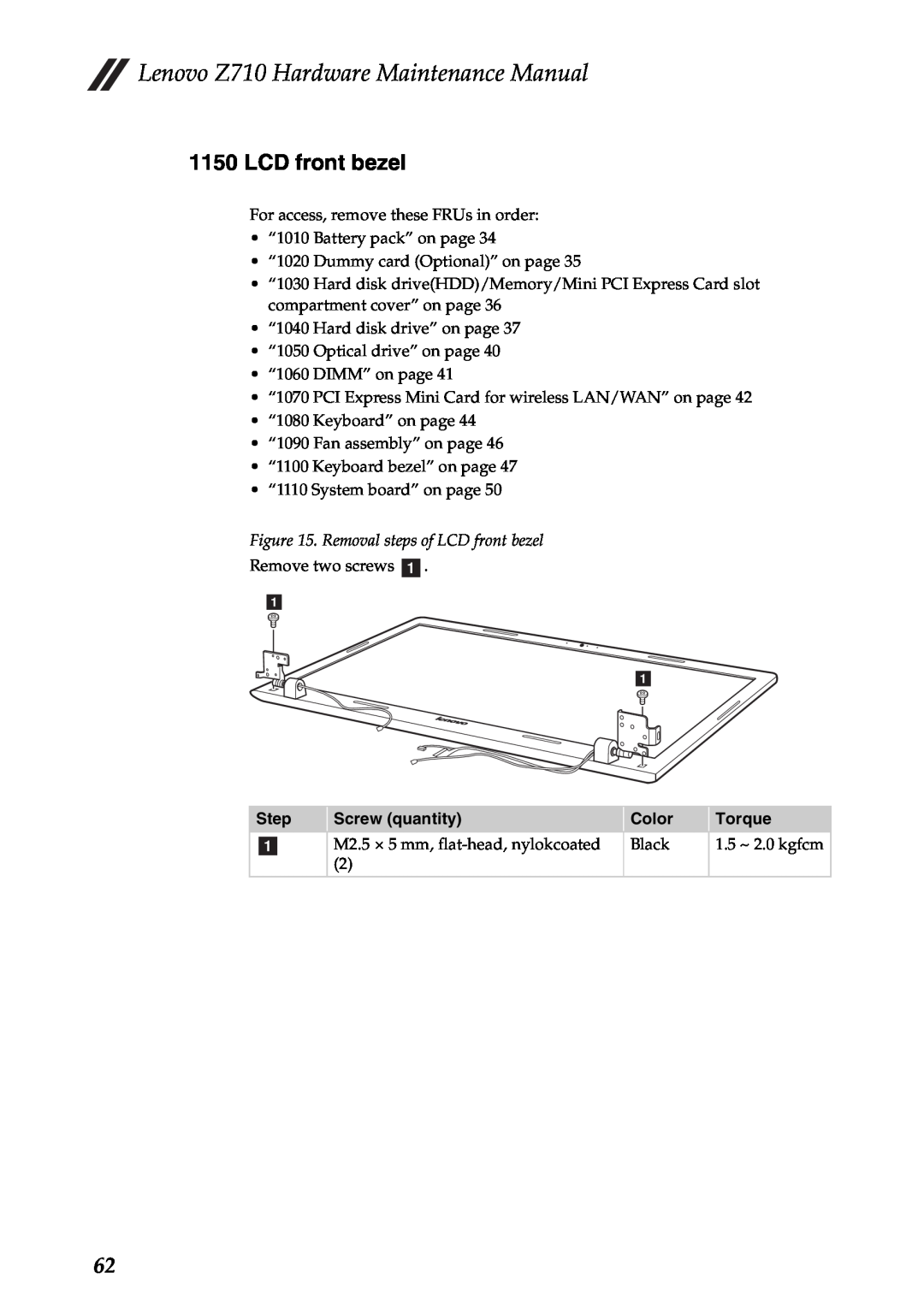 Lenovo manual Removal steps of LCD front bezel, Lenovo Z710 Hardware Maintenance Manual 
