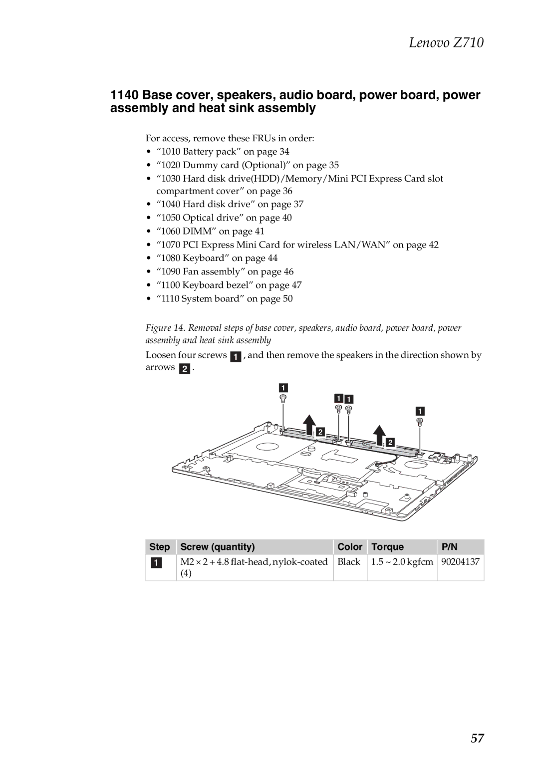 Lenovo Z710 manual Step Screw quantity Color Torque 