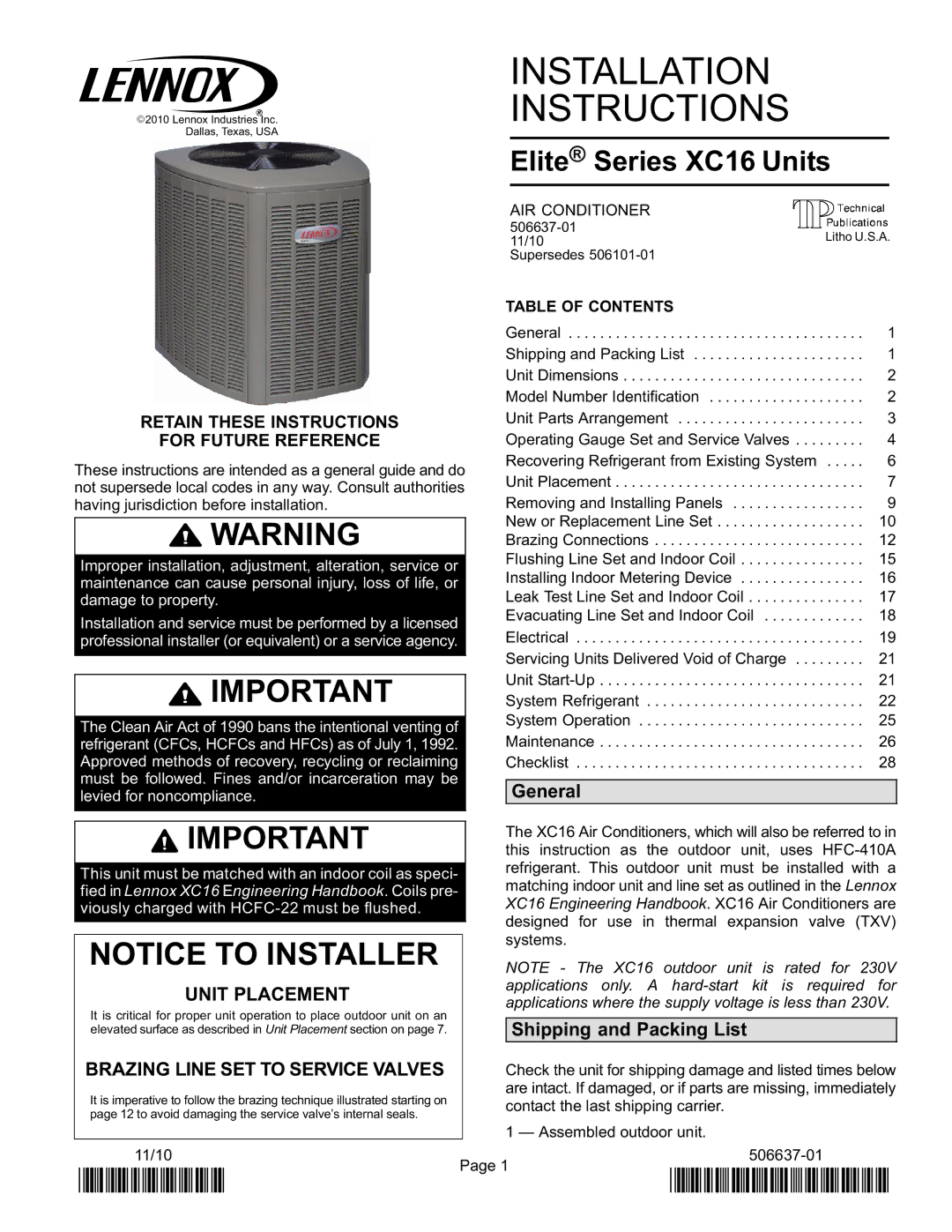 Lenox Elite Series X16 Air Conditioner Units installation instructions General, Shipping and Packing List, AIR Conditioner 