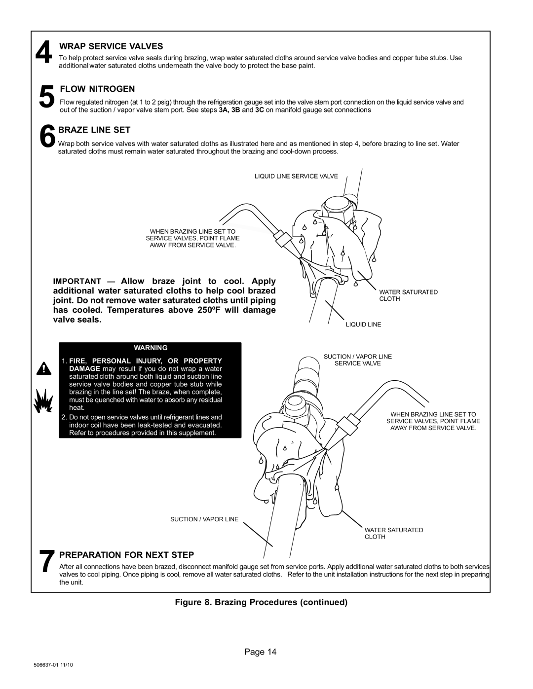 Lenox 506637-01 installation instructions Wrap Service Valves, Flow Nitrogen, 6BRAZE Line SET, 7PREPARATION for Next Step 