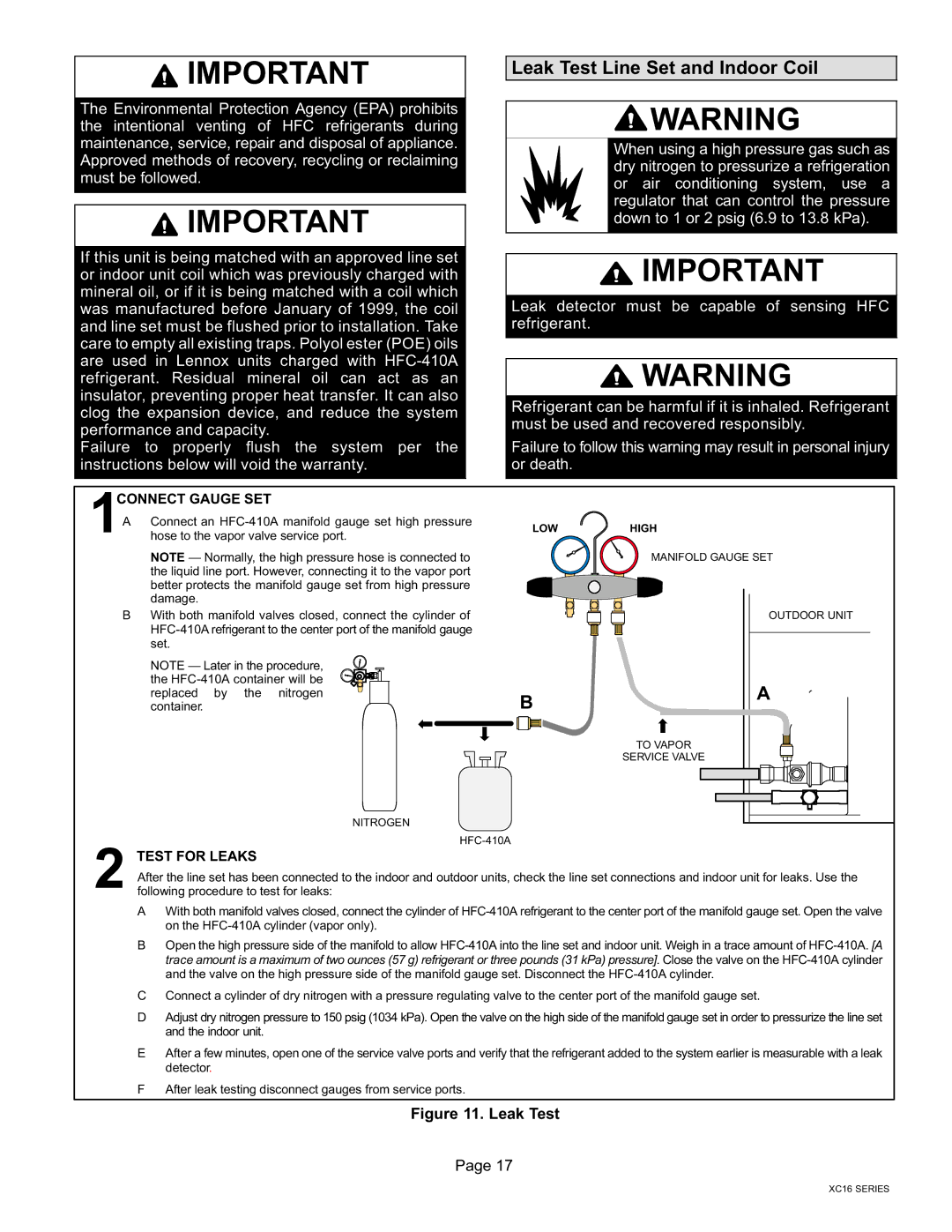 Lenox Elite Series X16 Air Conditioner Units, 506637-01 installation instructions Leak Test Line Set and Indoor Coil 