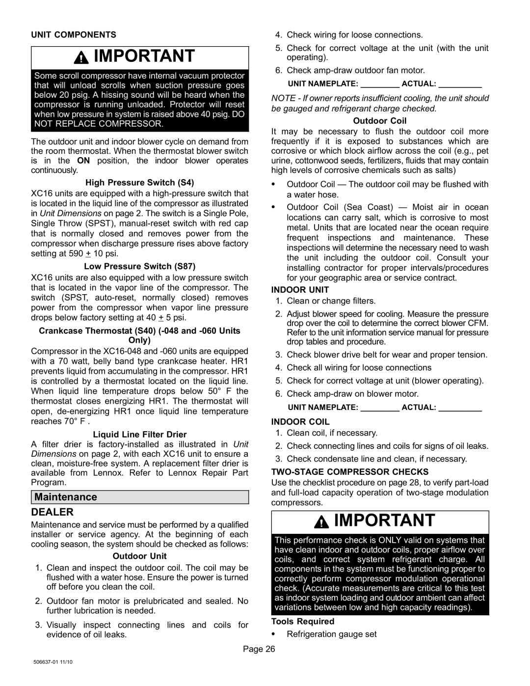 Lenox 506637-01 Maintenance, Unit Components, Indoor Unit, Indoor Coil, TWO−STAGE Compressor Checks 