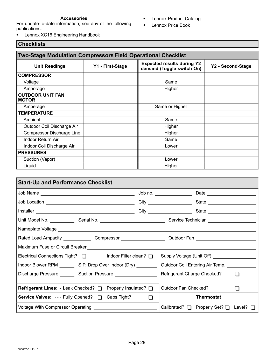 Lenox 506637-01 Start−Up and Performance Checklist, Compressor, Outdoor Unit FAN Motor, Temperature, Pressures 