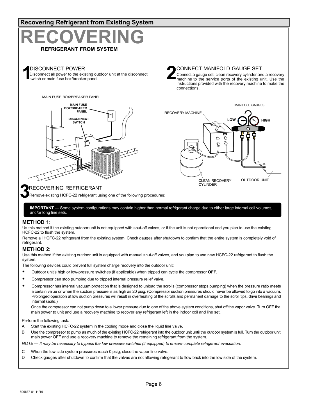 Lenox 506637-01 Recovering Refrigerant from Existing System, Refrigerant from System 1DISCONNECT Power, Method 