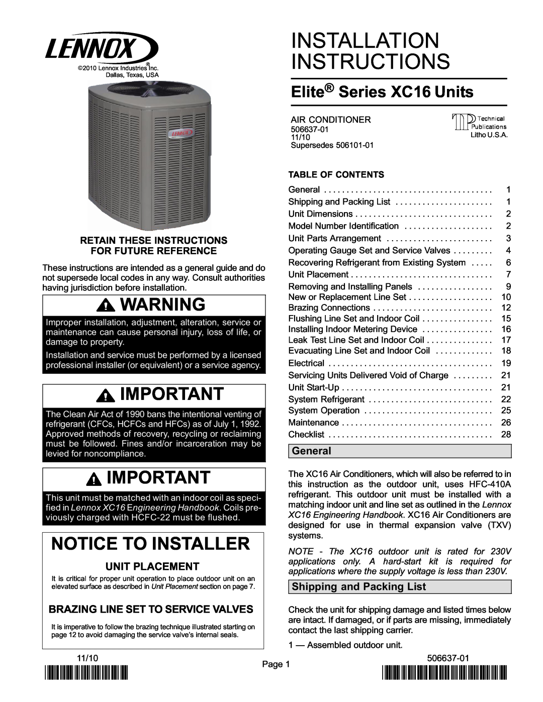 Lenox Elite Series X16 Air Conditioner Units installation instructions Notice To Installer, 2P1110, P506637-01, General 