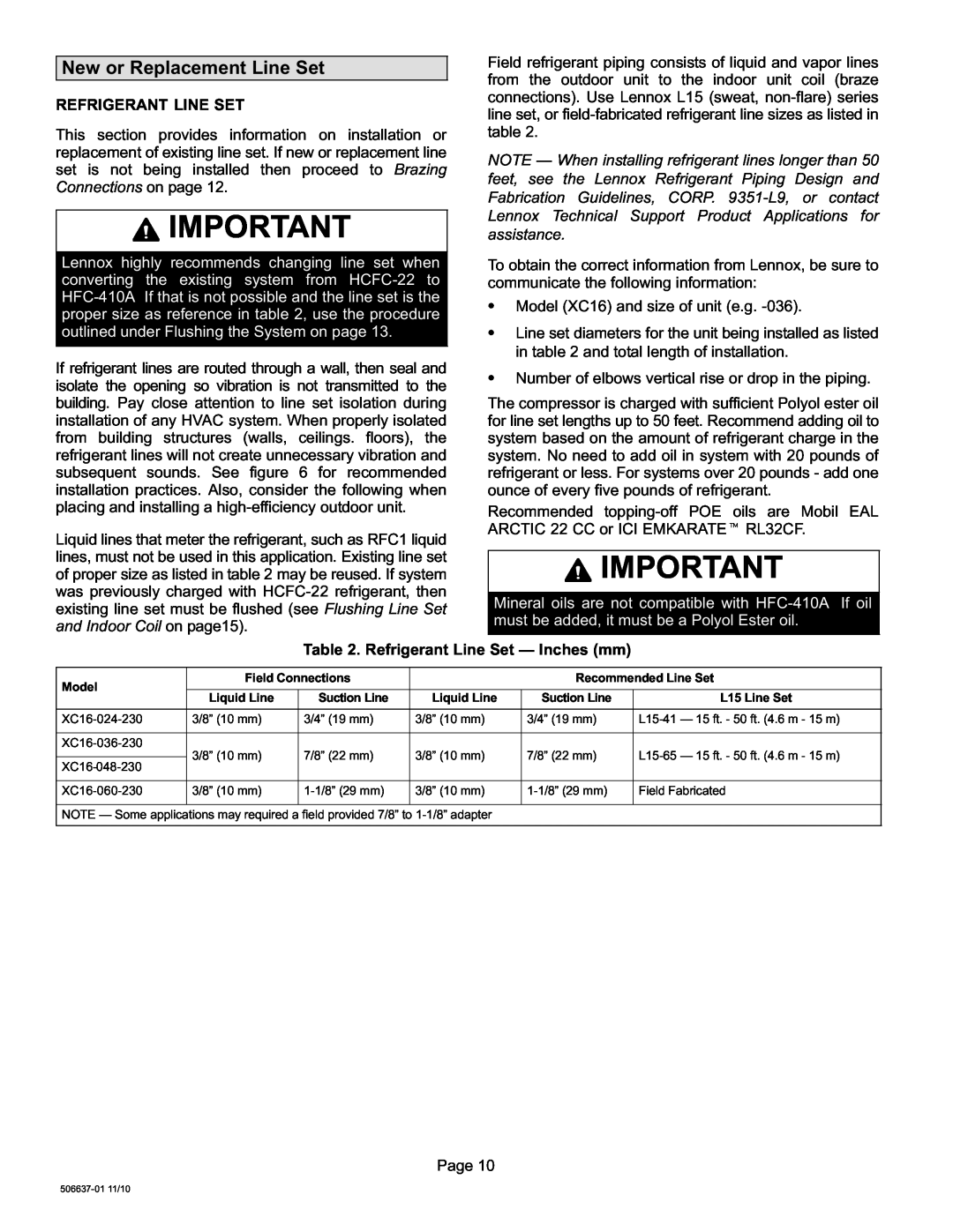 Lenox 506637-01, Elite Series X16 Air Conditioner Units installation instructions New or Replacement Line Set 