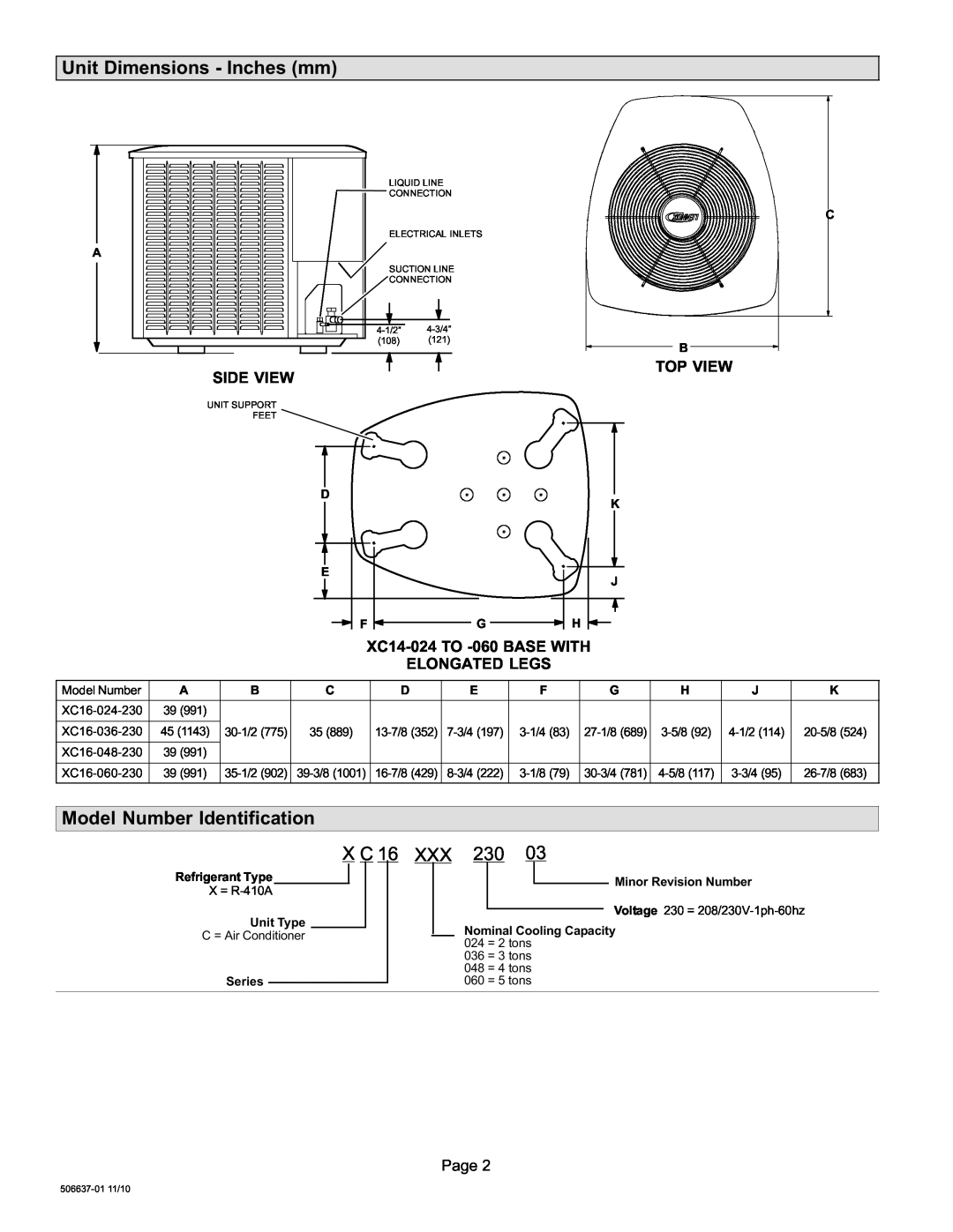 Lenox 506637-01, Elite Series X16 Air Conditioner Units Unit Dimensions − Inches mm, Model Number Identification, Xxx 