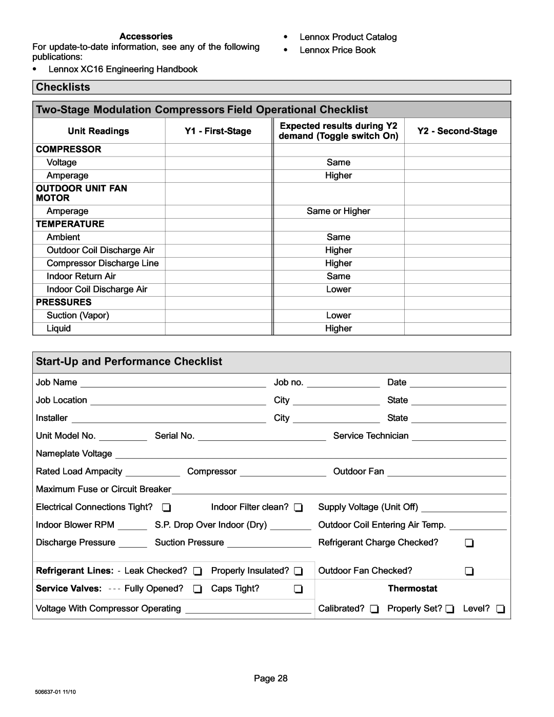 Lenox 506637-01, Elite Series X16 Air Conditioner Units Checklists, Start−Up and Performance Checklist 