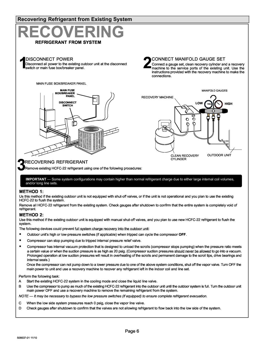 Lenox 506637-01 installation instructions Recovering Refrigerant from Existing System, and/or long line sets 