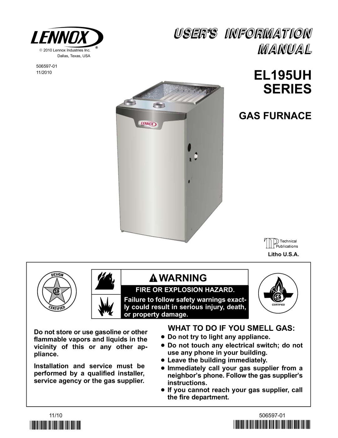 Lenox Gas Furnace, EL195UH SERIES manual EL195UH Series 