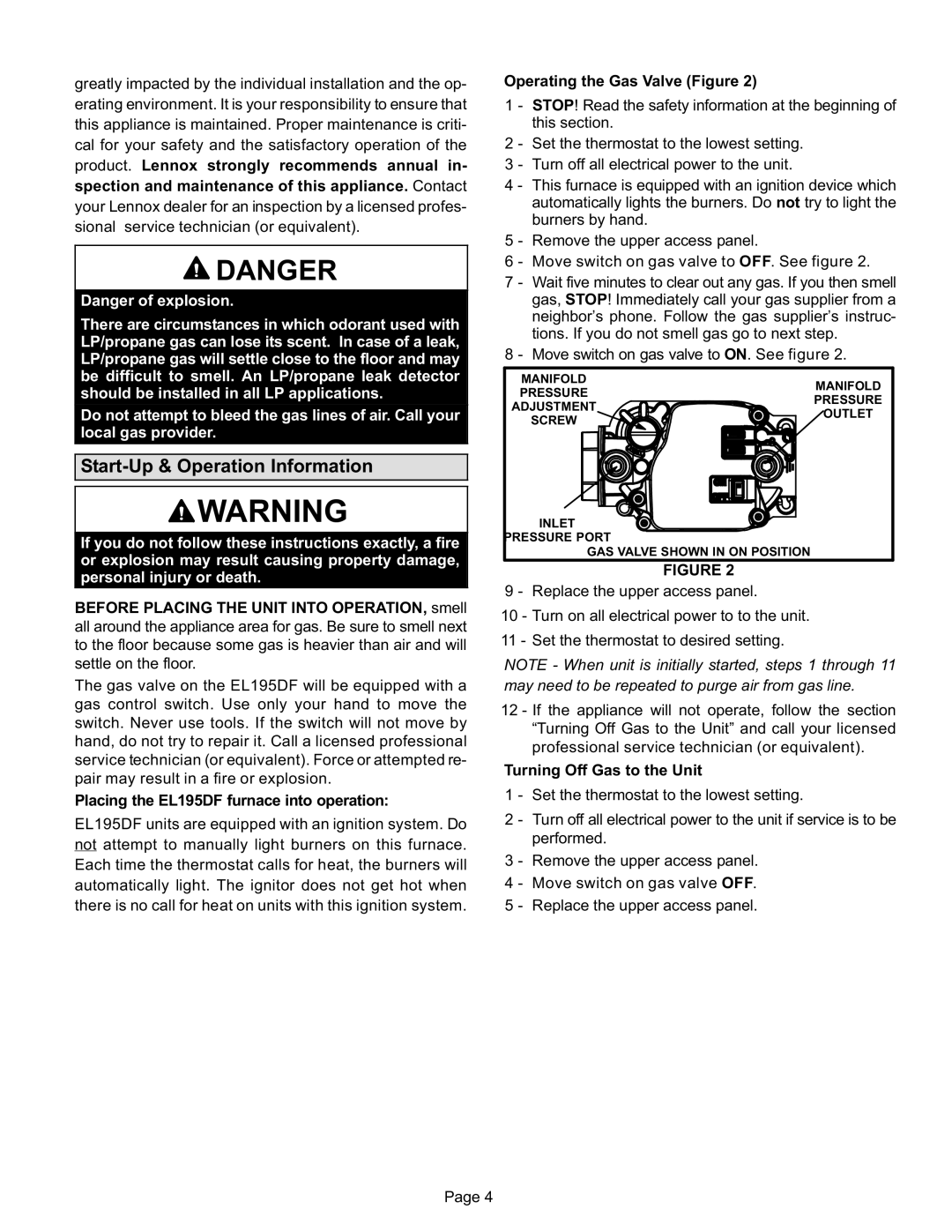 Lenox Gas Furnace, EL195UH SERIES manual Start−Up & Operation Information 