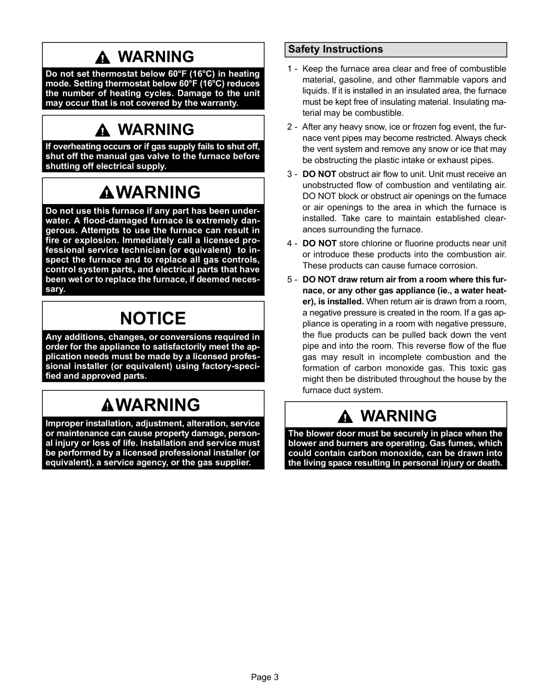 Lenox Gas Furnace, EL195UH SERIES manual Safety Instructions 