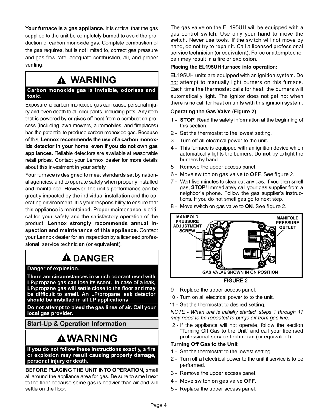 Lenox EL195UH SERIES, Gas Furnace Start−Up & Operation Information, Carbon monoxide gas is invisible, odorless and toxic 