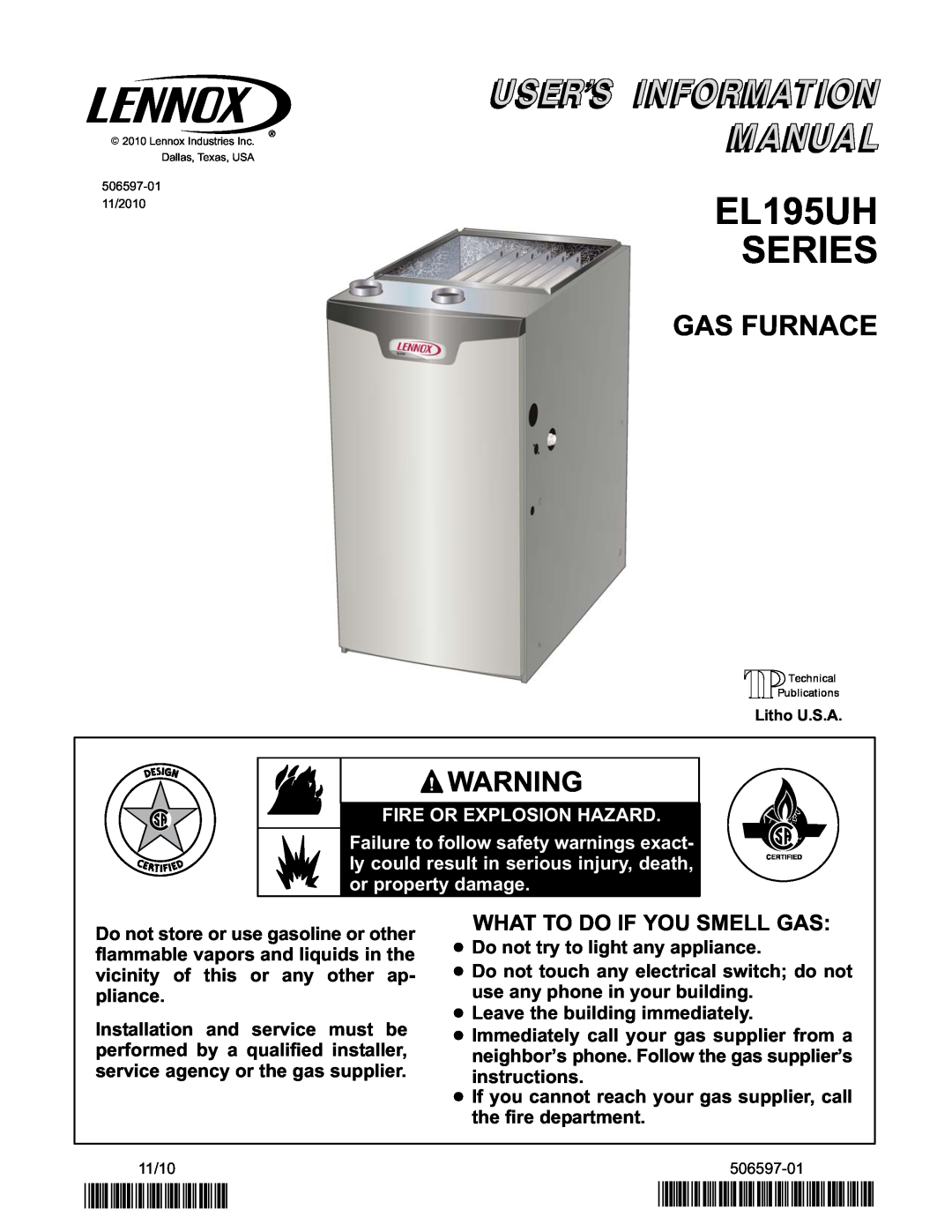 Lenox Gas Furnace manual EL195UH SERIES, 2P1110, P506597-01, What To Do If You Smell Gas, Fire Or Explosion Hazard 