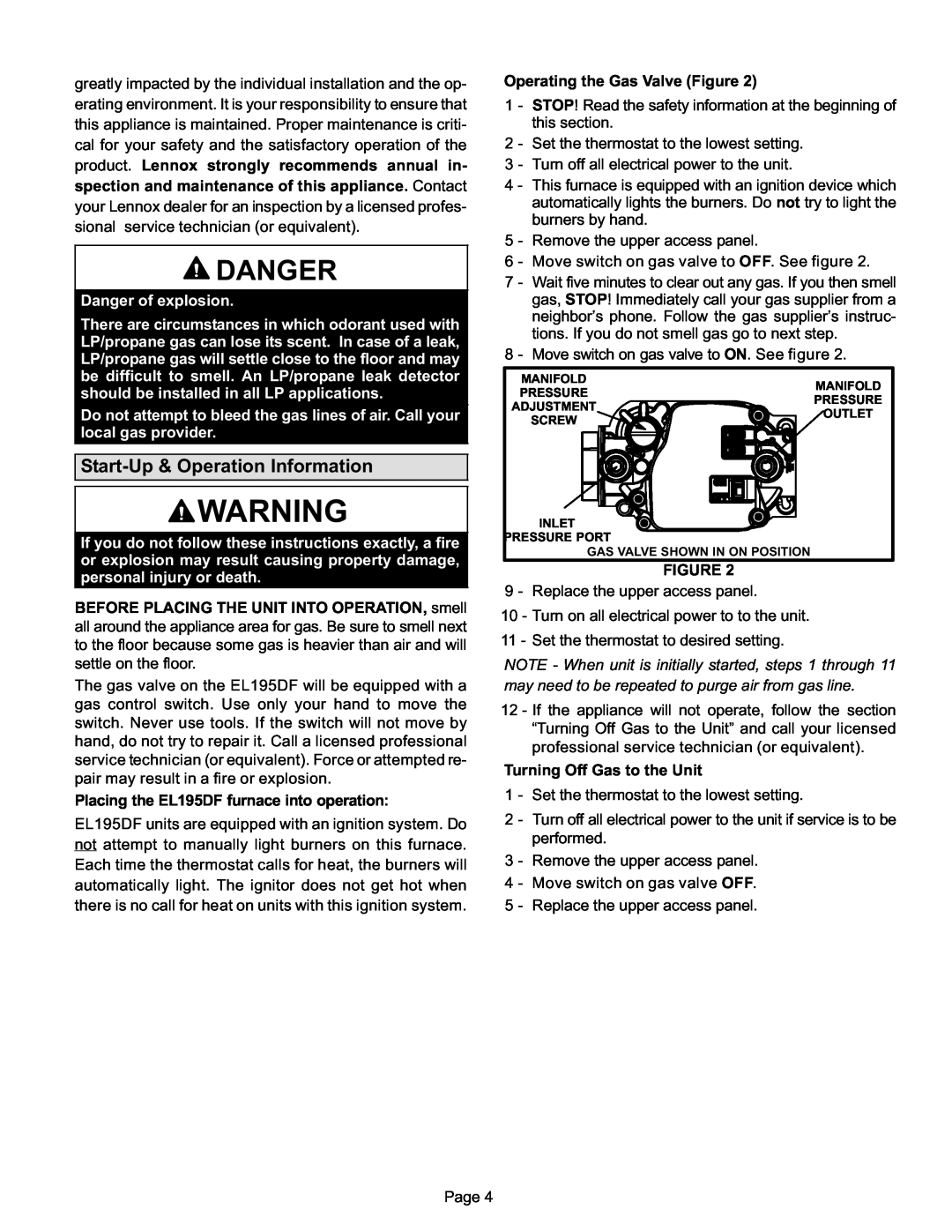 Lenox Gas Furnace, EL195UH SERIES manual Danger, Placing the EL195DF furnace into operation 