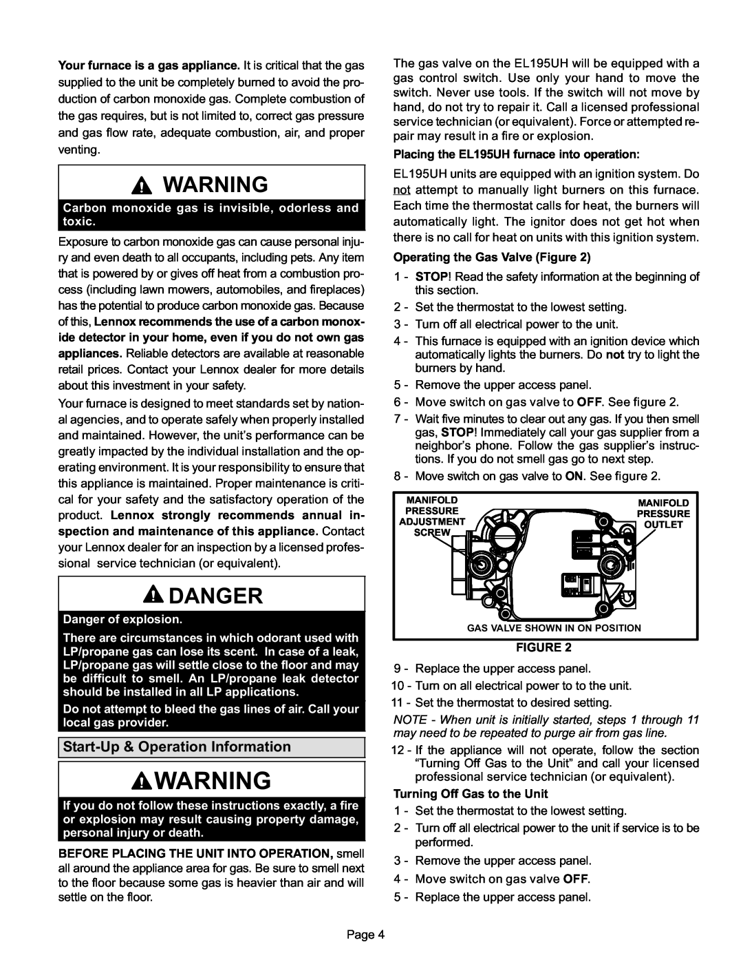 Lenox EL195UH SERIES, Gas Furnace manual Danger, Start−Up & Operation Information 