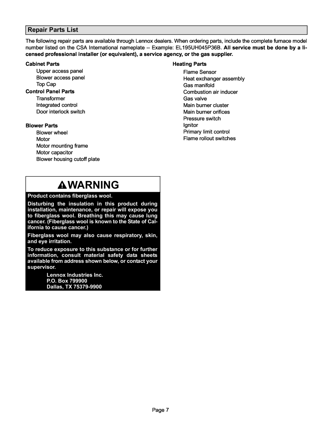 Lenox Gas Furnace, EL195UH SERIES manual Repair Parts List 
