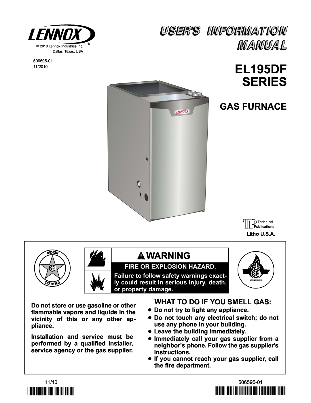 Lenox EL195UH SERIES manual EL195DF SERIES, P506595-01, Gas Furnace, 2P1110, What To Do If You Smell Gas 