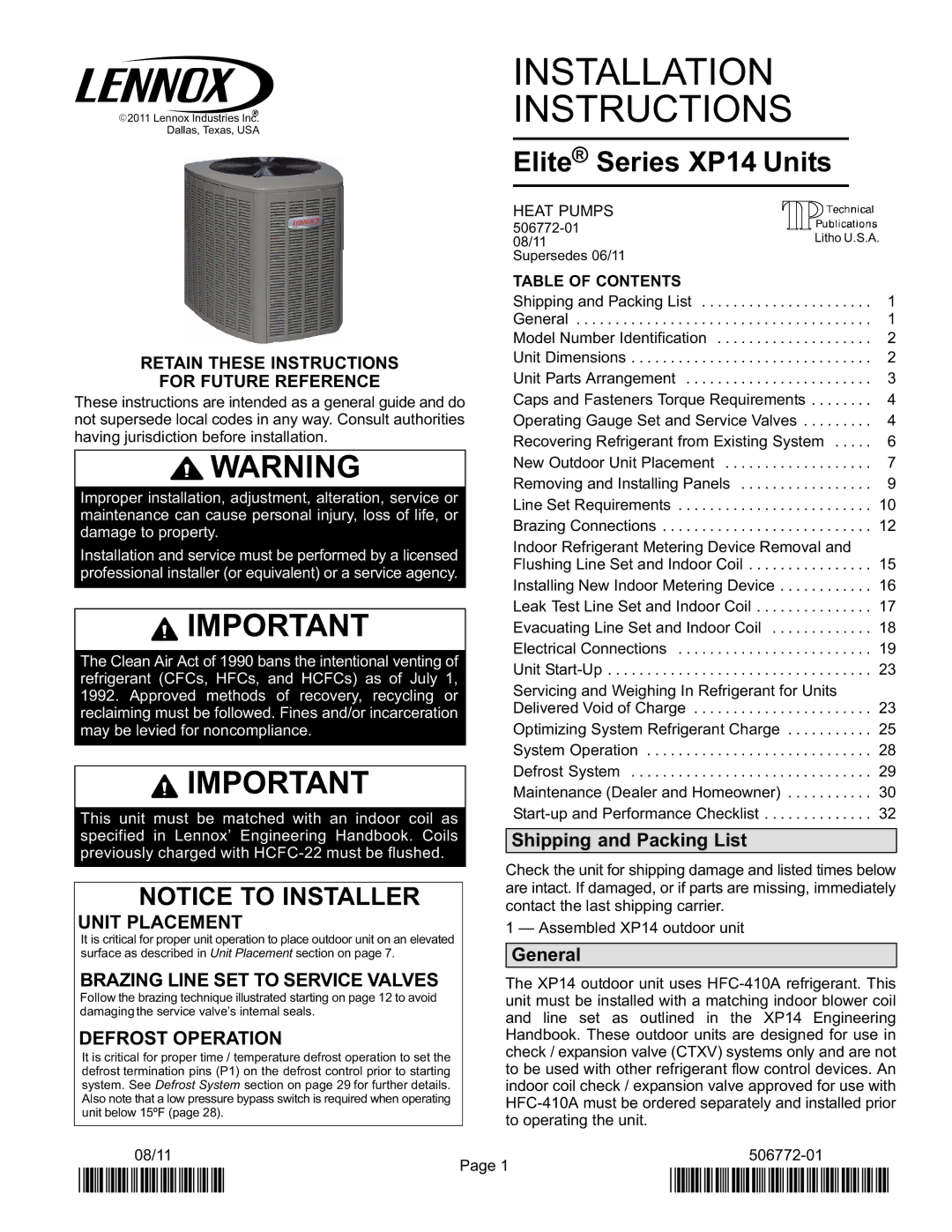 Lenox Elite Series XP14 Units HEAT PUMPS installation instructions Shipping and Packing List, General, Table of Contents 