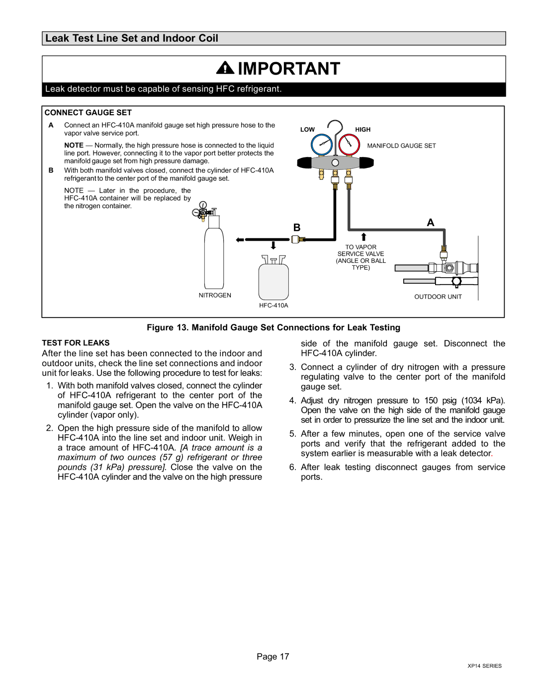 Lenox Elite Series XP14 Units HEAT PUMPS, 50677201 installation instructions Leak Test Line Set and Indoor Coil 