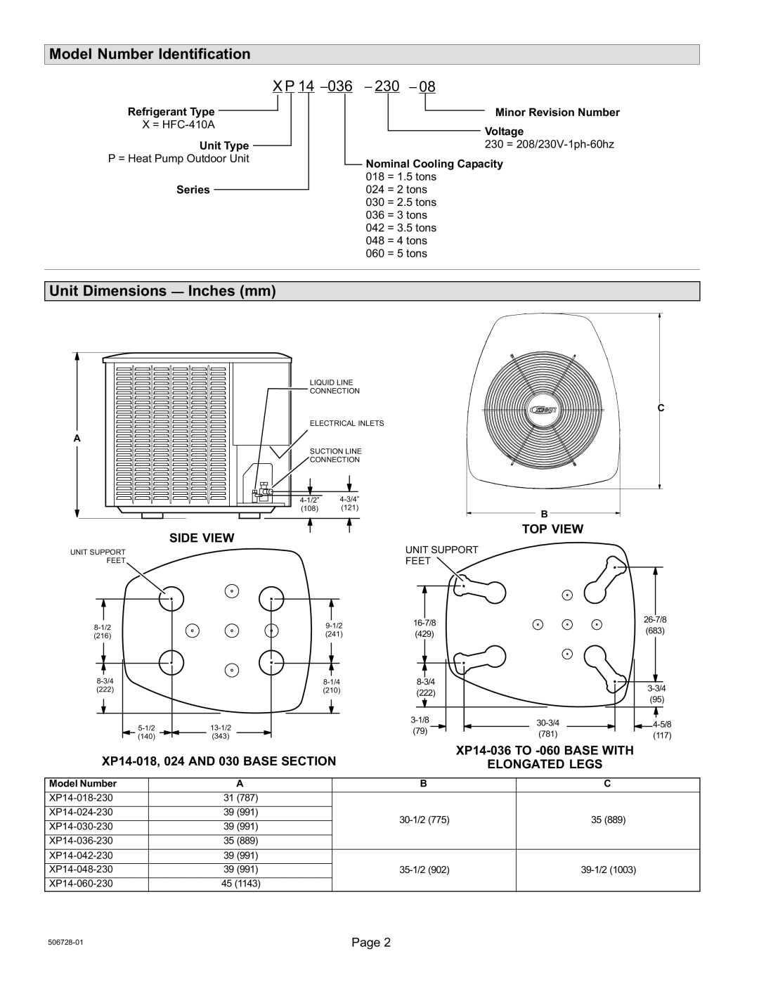 Lenox 50677201 Model Number Identification 14 −036 − 230, Unit Dimensions Inches mm, Side View, TOP View, Elongated Legs 