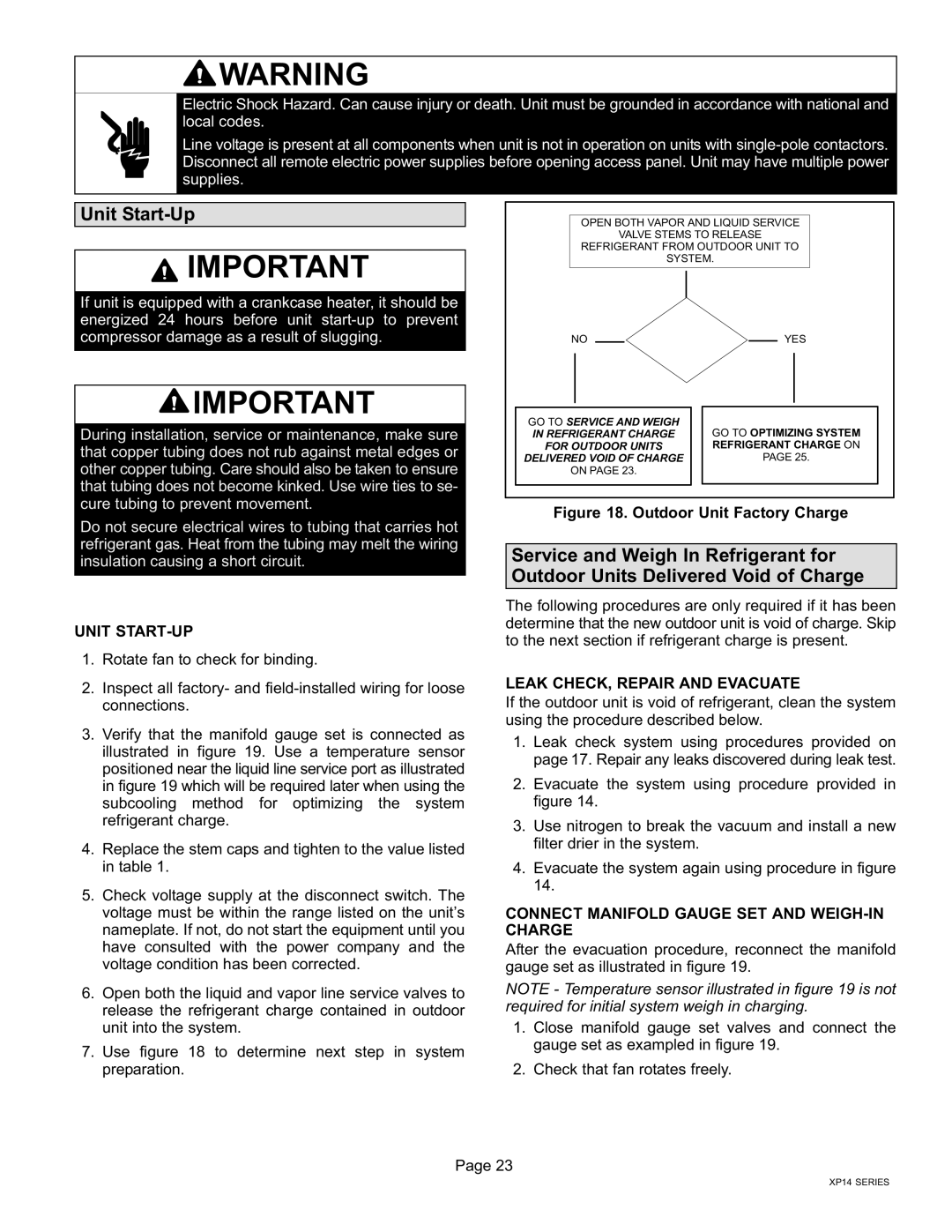 Lenox Elite Series XP14 Units HEAT PUMPS, 50677201 Unit Start−Up, Unit START−UP, Leak CHECK, Repair and Evacuate 