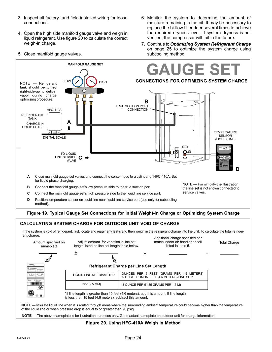 Lenox 50677201 Connections for Optimizing System Charge, Calculating System Charge for Outdoor Unit Void of Charge 