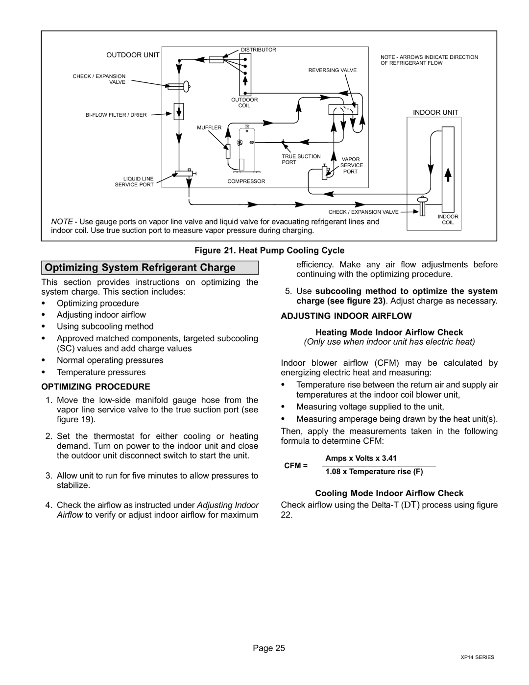 Lenox Elite Series XP14 Units HEAT PUMPS Optimizing System Refrigerant Charge, Adjusting Indoor Airflow, Amps x Volts x 