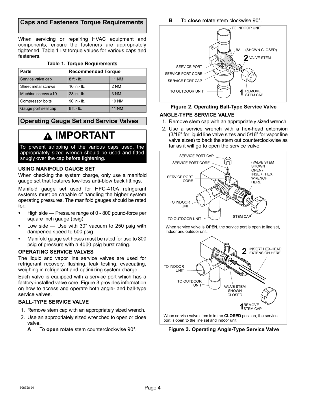 Lenox 50677201 installation instructions Caps and Fasteners Torque Requirements, Operating Gauge Set and Service Valves 