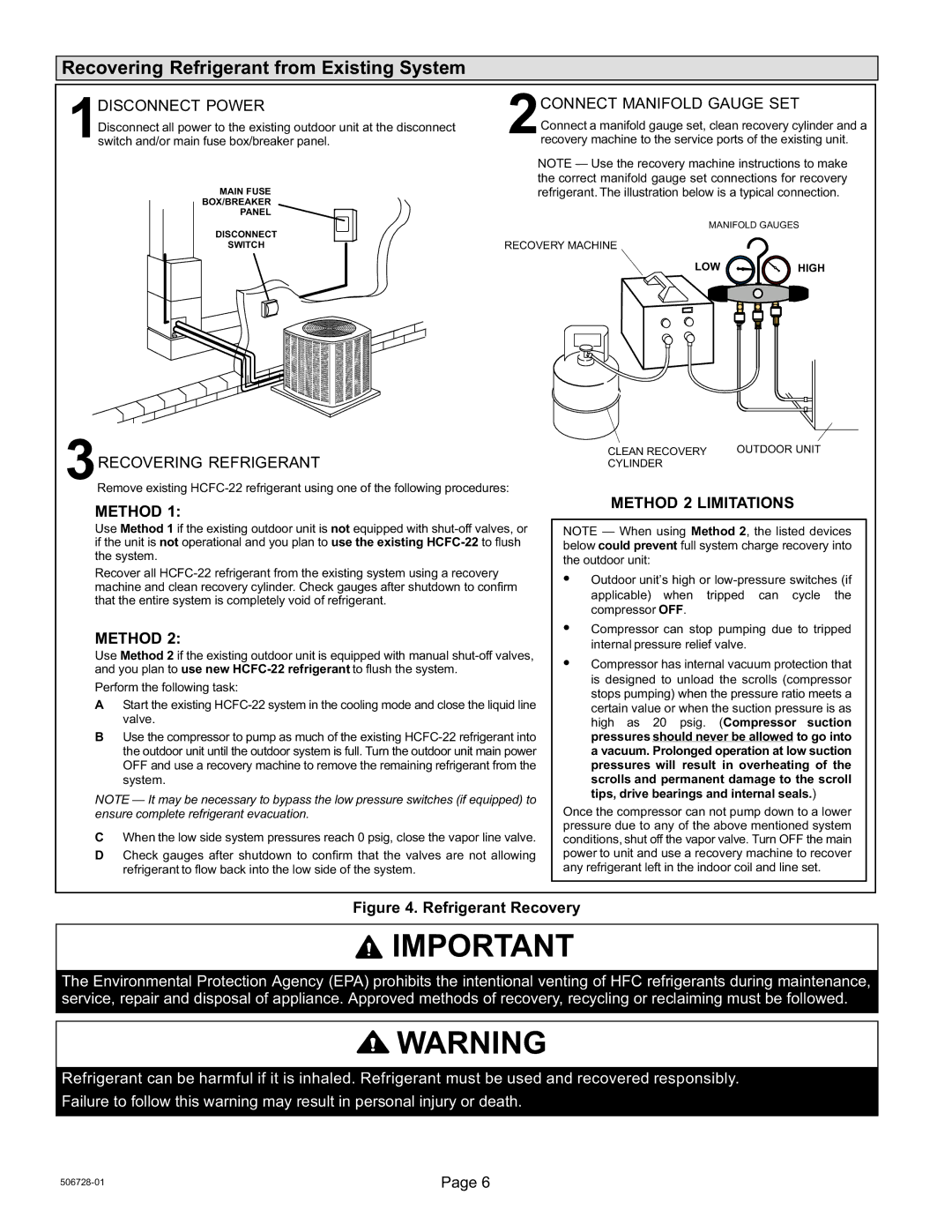 Lenox 50677201 Recovering Refrigerant from Existing System, 1DISCONNECT Power, 3RECOVERING Refrigerant, Method 