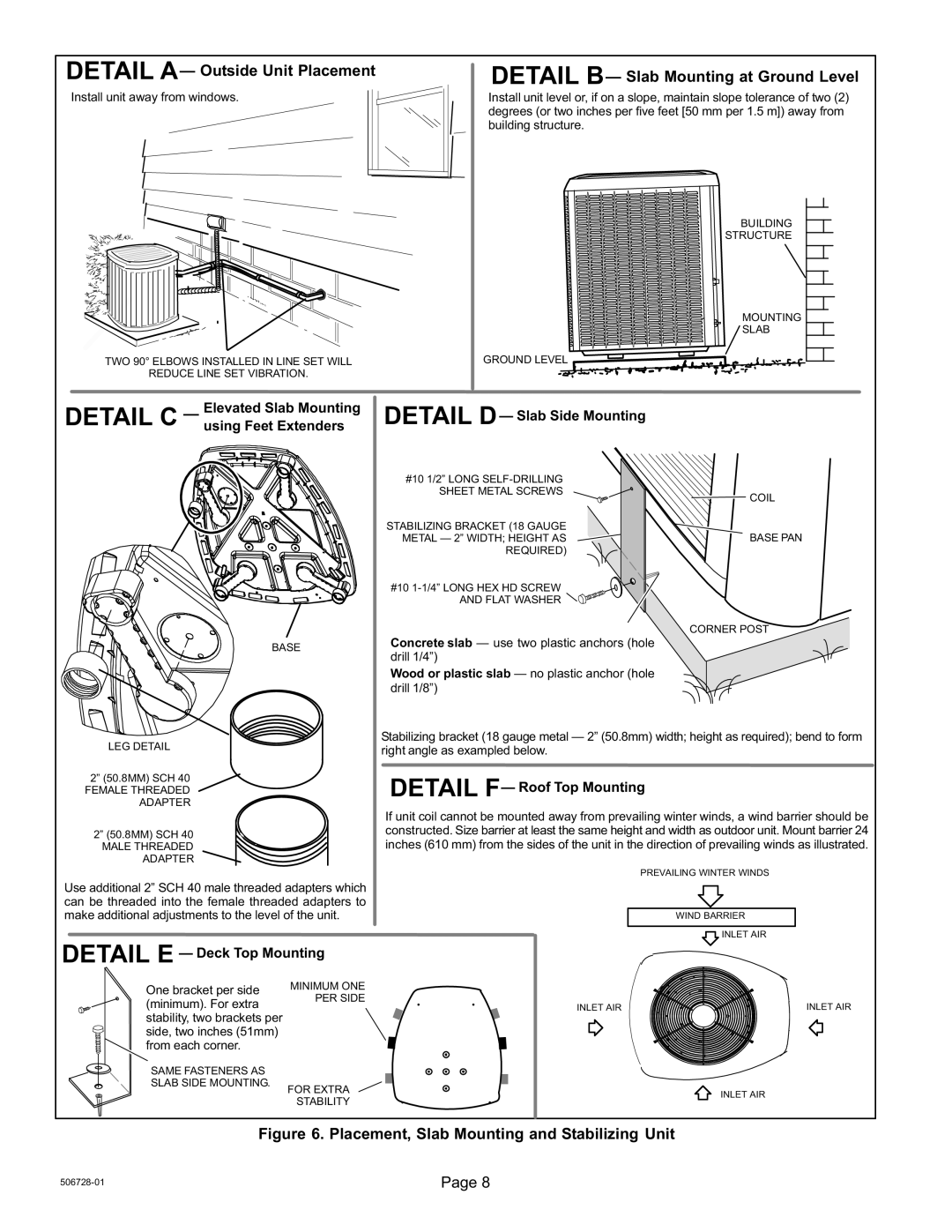 Lenox 50677201 Detail a Outside Unit Placement, Elevated Slab Mounting, Using Feet Extenders, Detail D Slab Side Mounting 