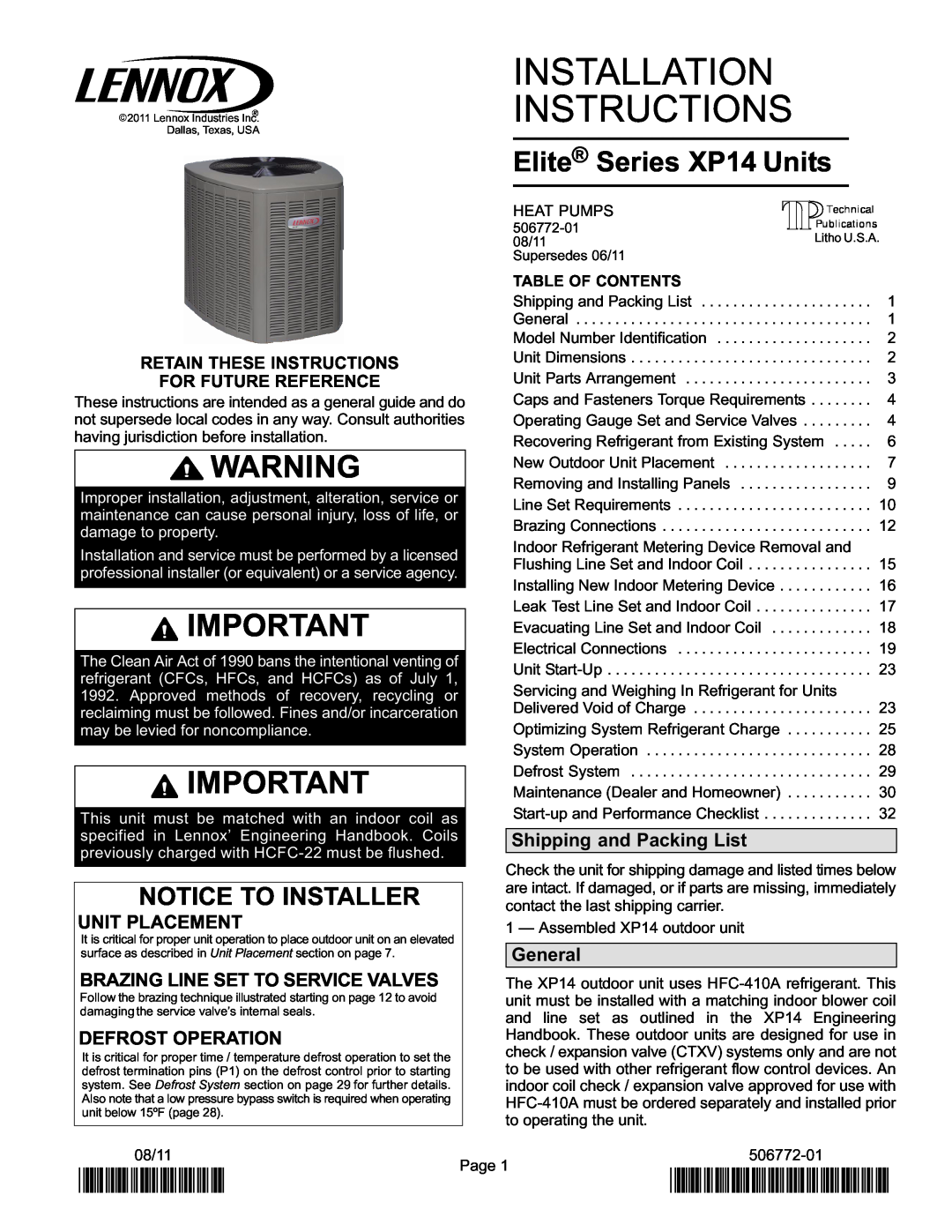 Lenox Elite Series XP14 Units HEAT PUMPS installation instructions Notice To Installer, 2P0811, P506772-01, Unit Placement 