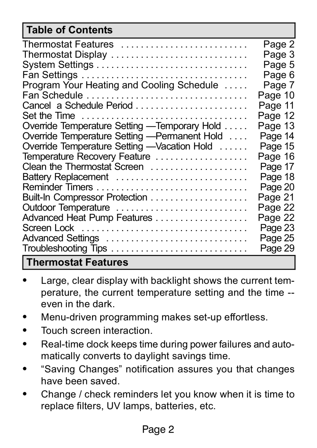 Lenox L5711U, L5732U manual Table of Contents, Program Your Heating and Cooling Schedule, Override Temperature Setting Hold 