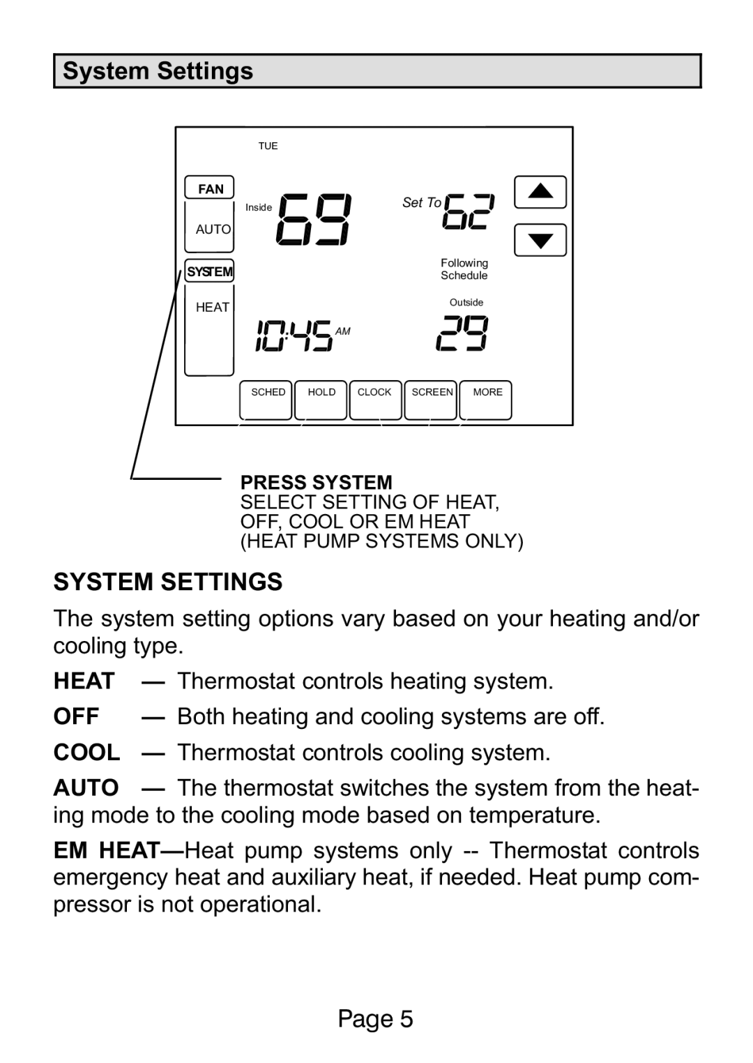 Lenox L5732U, L5711U manual System Settings 