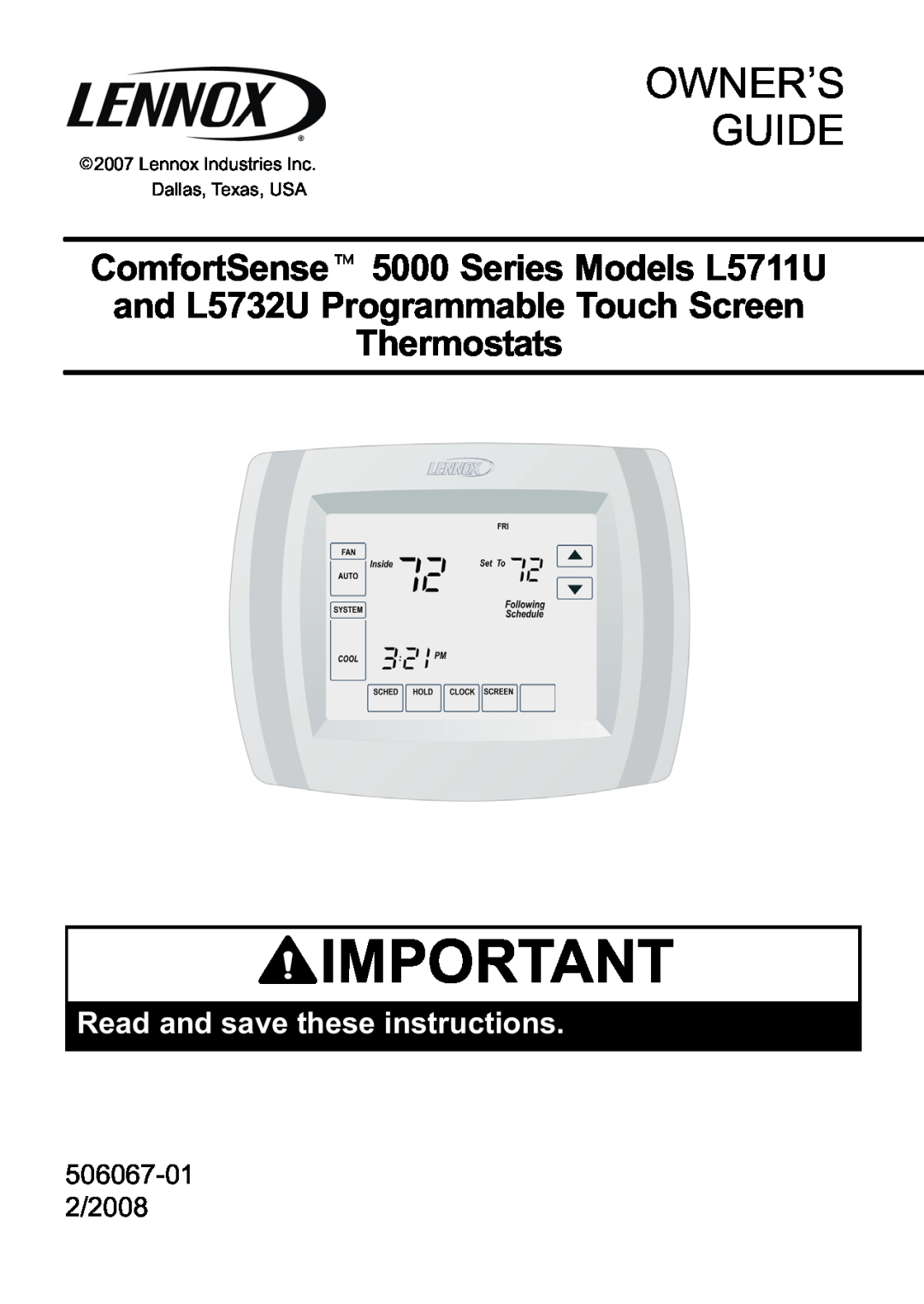 Lenox L5732U manual Owner’S Guide, ComfortSenset 5000 Series Models L5711U, Read and save these instructions 