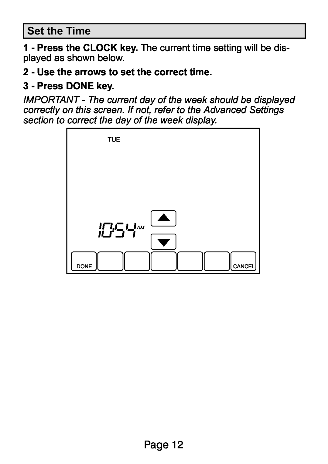 Lenox L5711U, L5732U manual Set the Time, Page, 2 − Use the arrows to set the correct time, 3 − Press DONE key, Done, Cancel 
