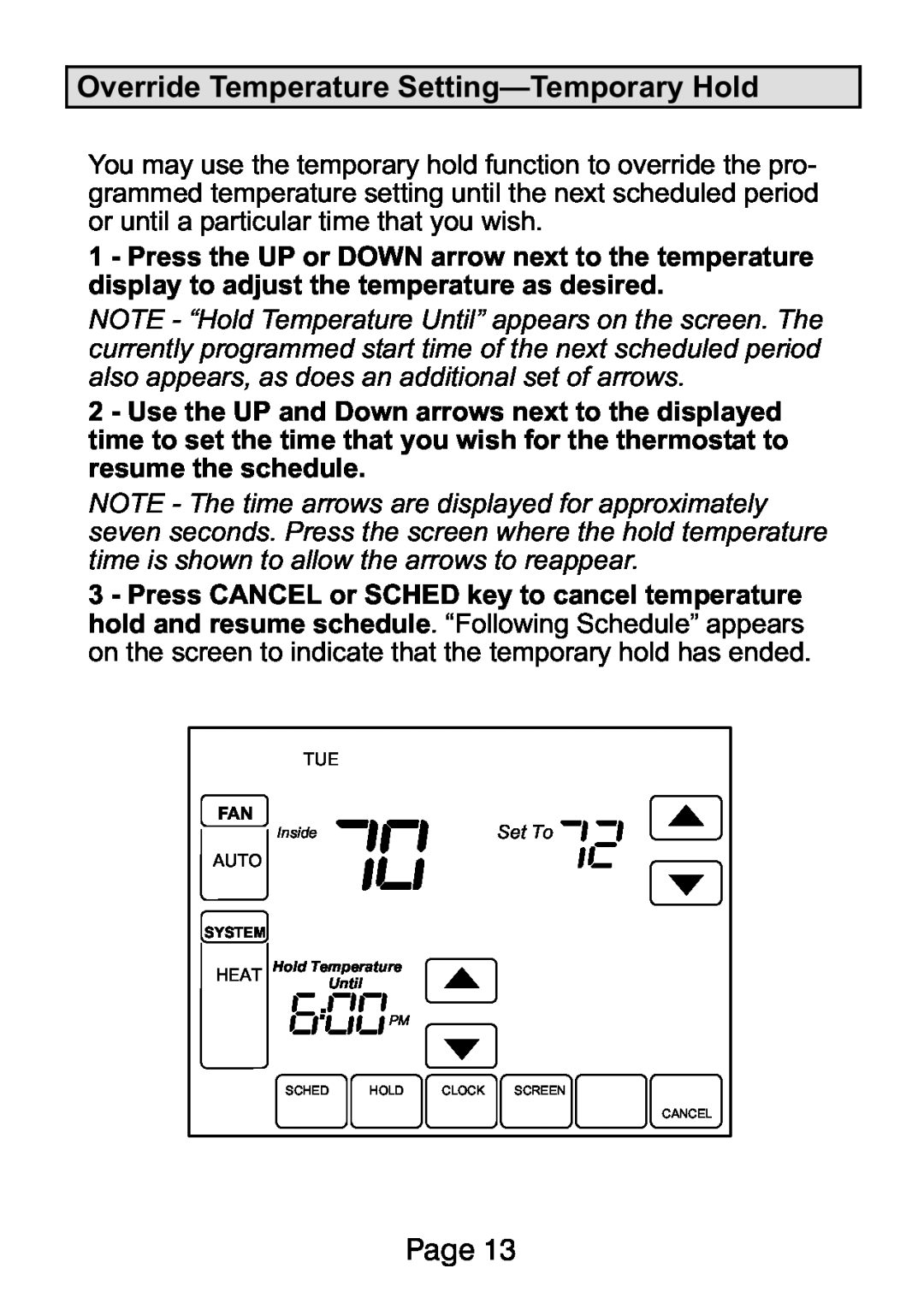 Lenox L5732U, L5711U manual Override Temperature Settingemporary Hold, Page, Set To, Auto, Heat 