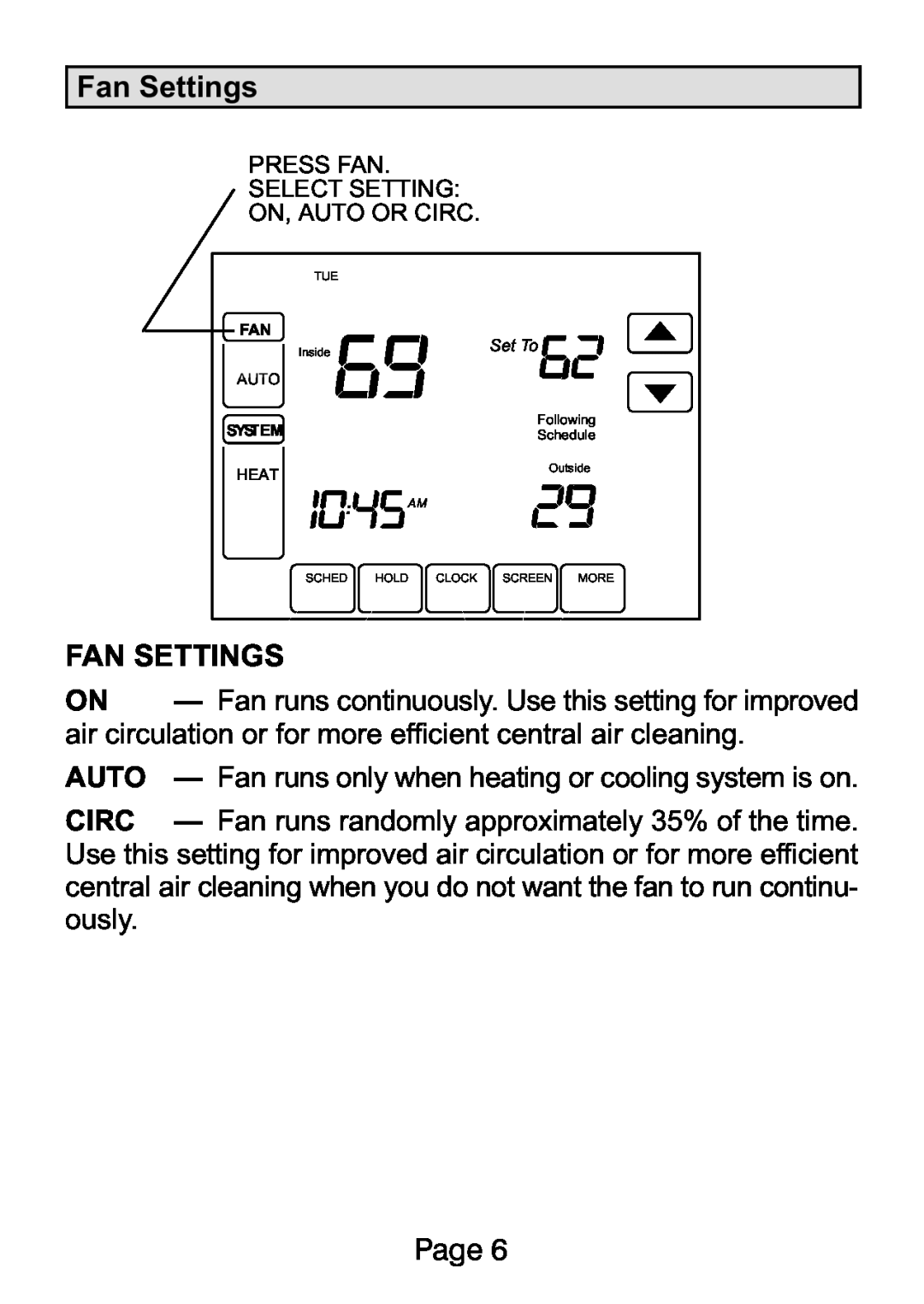 Lenox L5711U, L5732U manual Fan Settings 