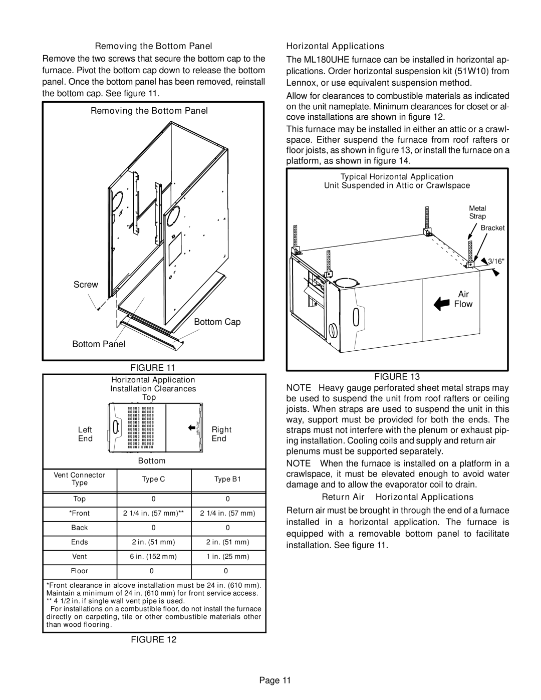 Lenox Lennox Merit Series Gas Furnace Upflow/Horizontal air discharge Right, End Bottom, Typical Horizontal Application 