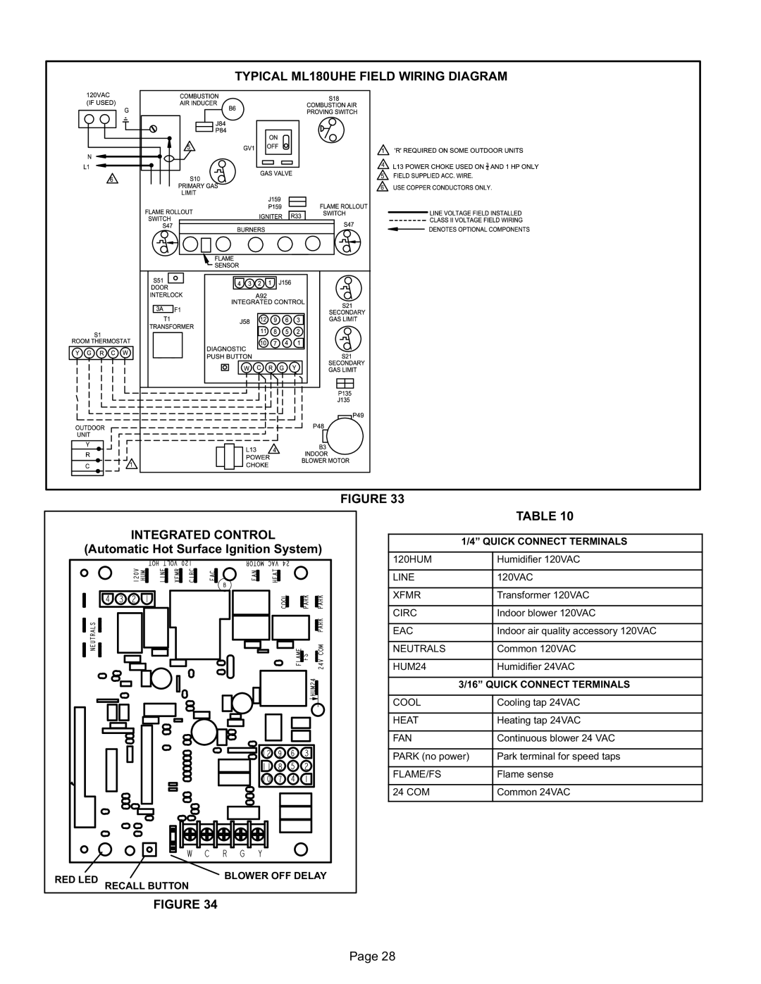 Lenox installation instructions Typical ML180UHE Field Wiring Diagram, Integrated Control 