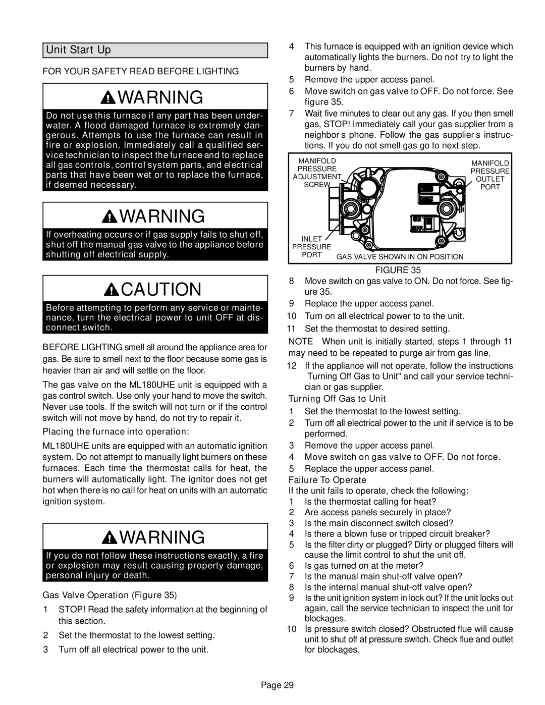 Lenox Lennox Merit Series Gas Furnace Upflow/Horizontal air discharge Unit Start−Up, For Your Safety Read Before Lighting 