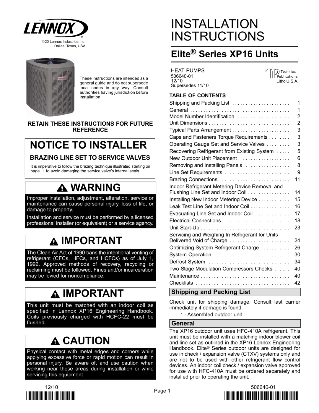 Lenox Elite Series XP16 Units Heat Pumps installation instructions Shipping and Packing List, General, Table of Contents 