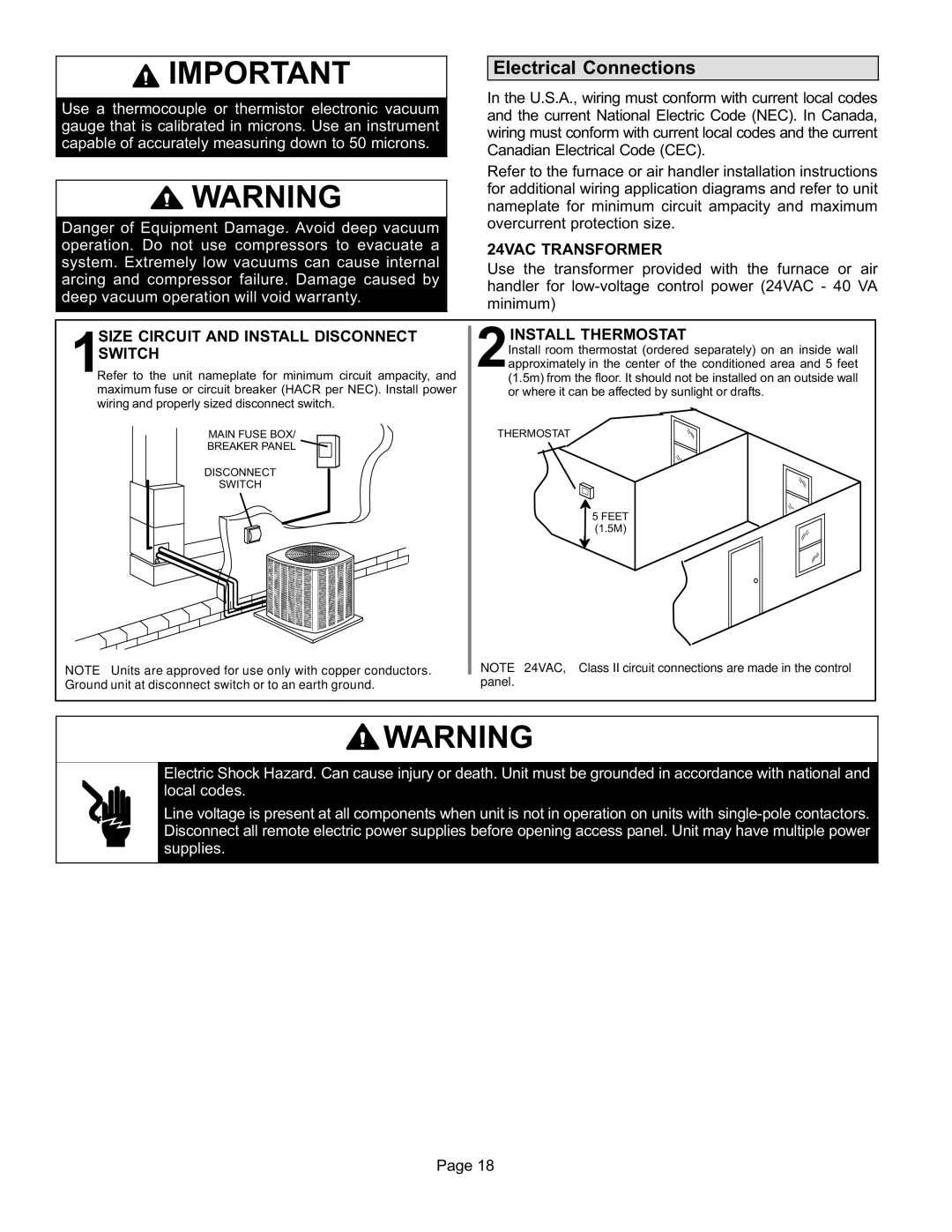 Lenox P506640-01 Electrical Connections, 24VAC Transformer, Size Circuit and Install Disconnect, 2INSTALL Thermostat 