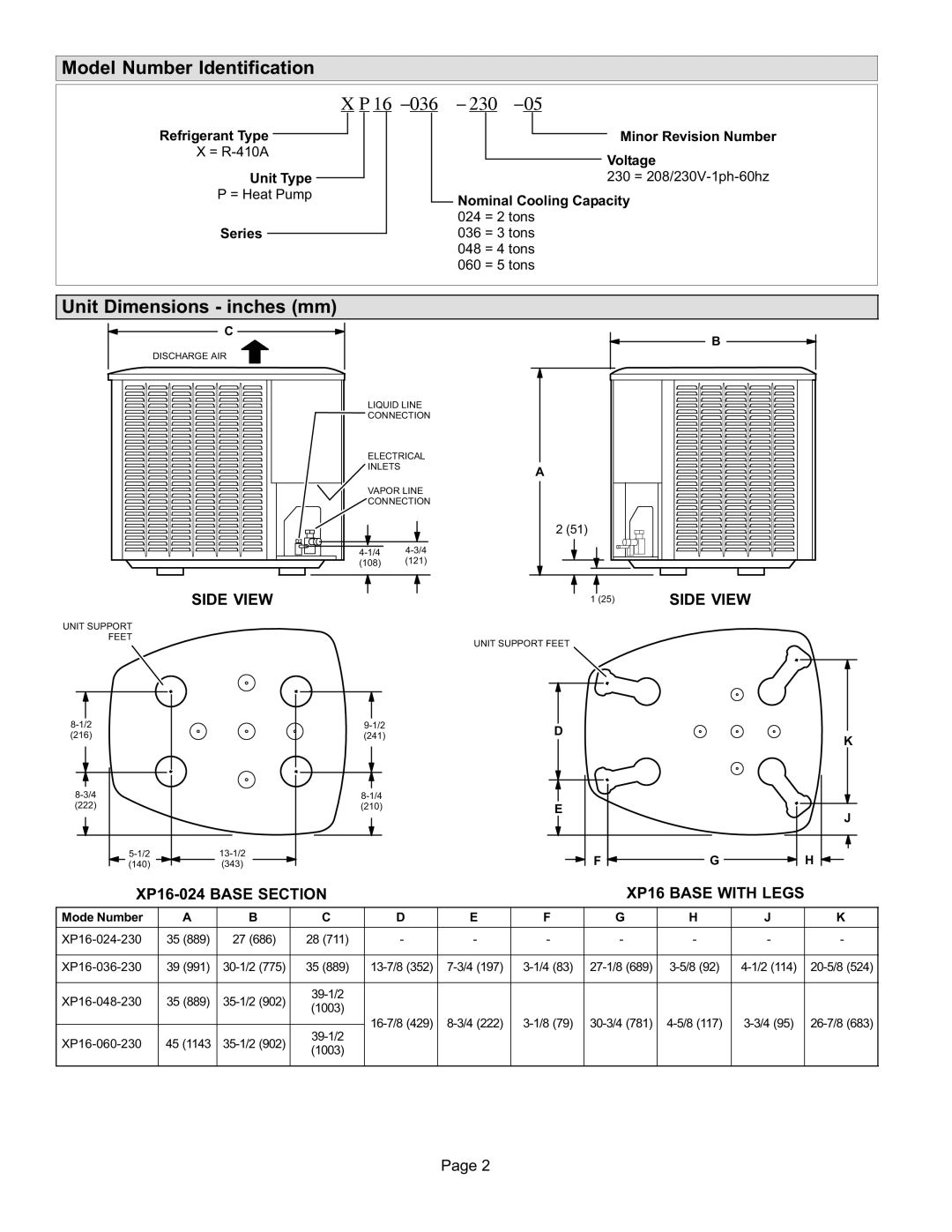 Lenox P506640-01, Elite Series XP16 Units Heat Pumps Model Number Identification, Unit Dimensions − inches mm, Side View 